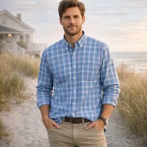 Johnnie-O SZ XL Hangin' Out 100% Cotton Benjamin Button Down In Mariner Plaid